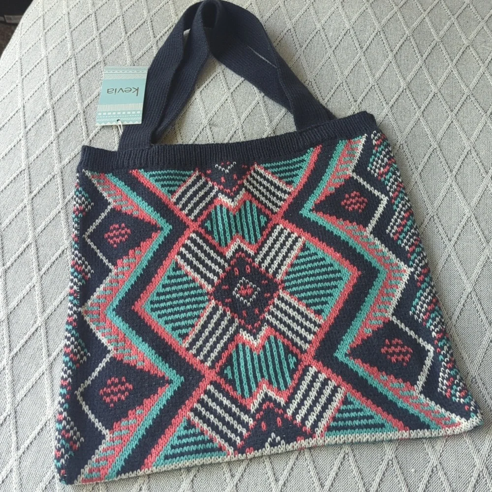 Kevia Multicolor Geometric Knit Square Tote‎ Bag 14